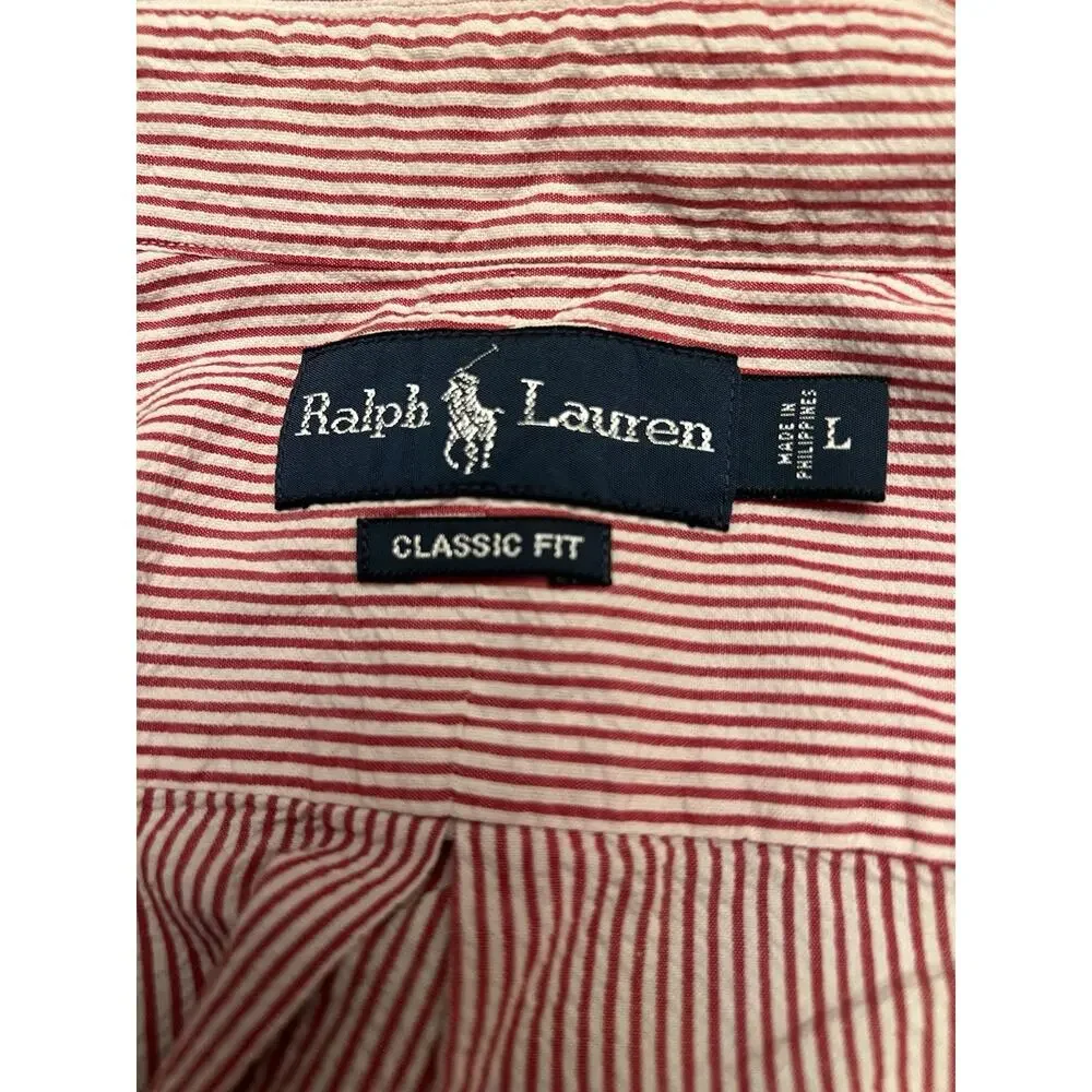 Polo Ralph Lauren Shirt Mens Large Red White Pinstripe Button Cotton Classic Fit